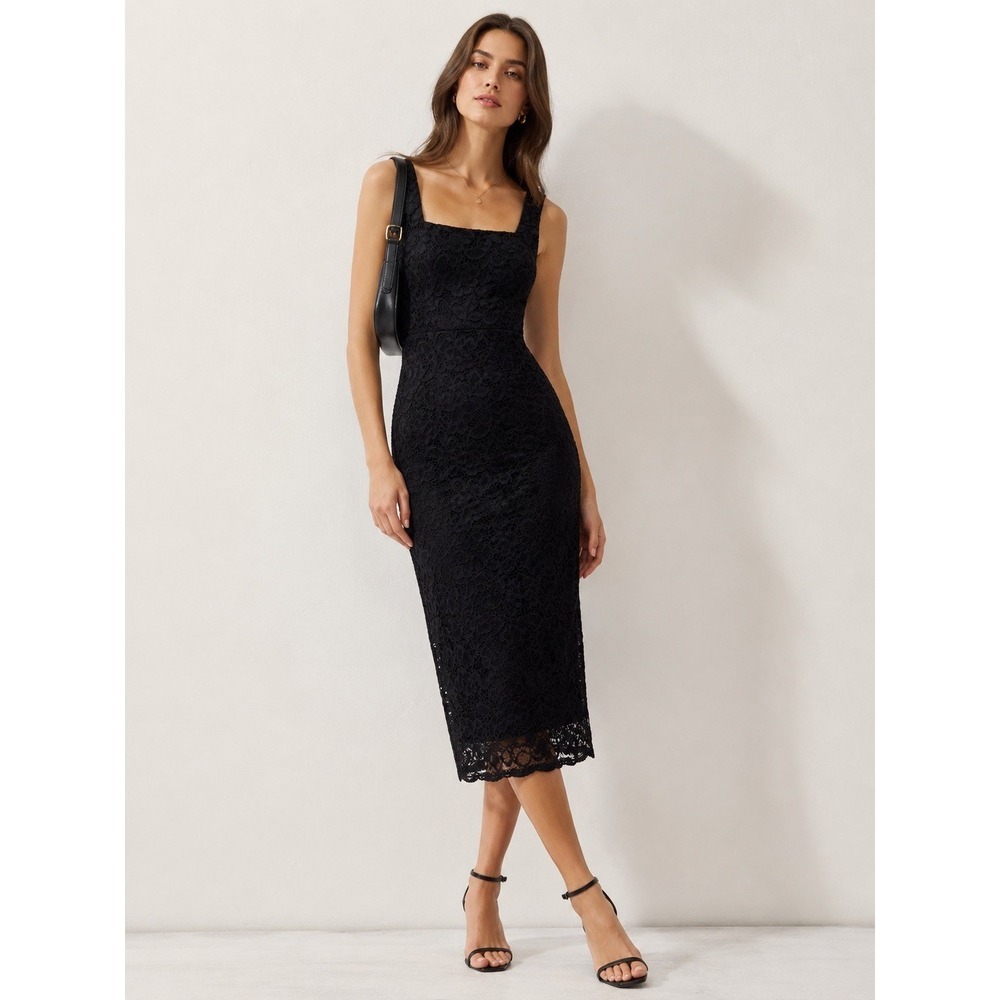 Sam Edelman Lace Open Back Midi Dress Black Floral Sheath 72K748 Size 8